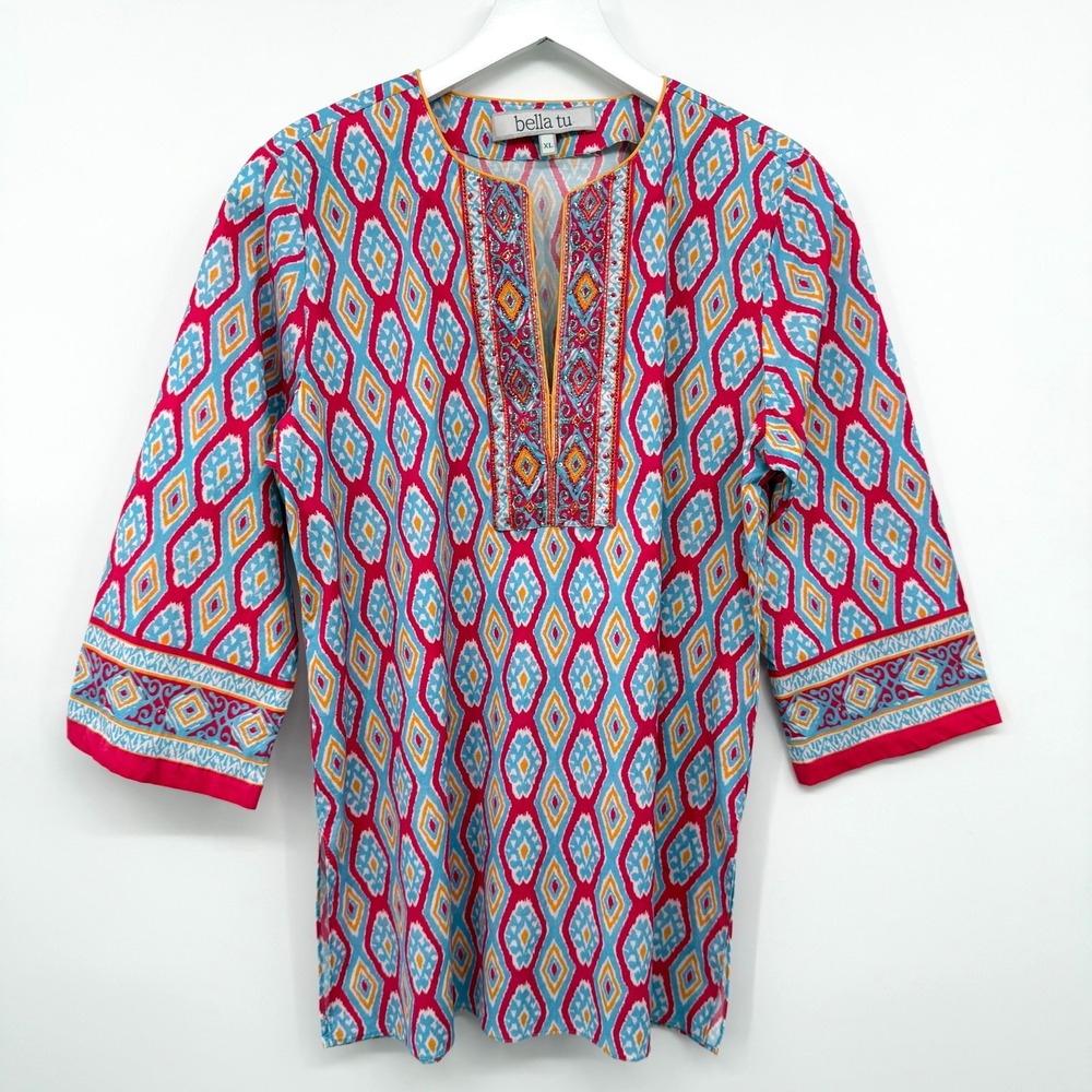 Bella Tu Top Shirt Blouse Size L XL Stretch Embroidered Beaded Ikat Boho Artsy